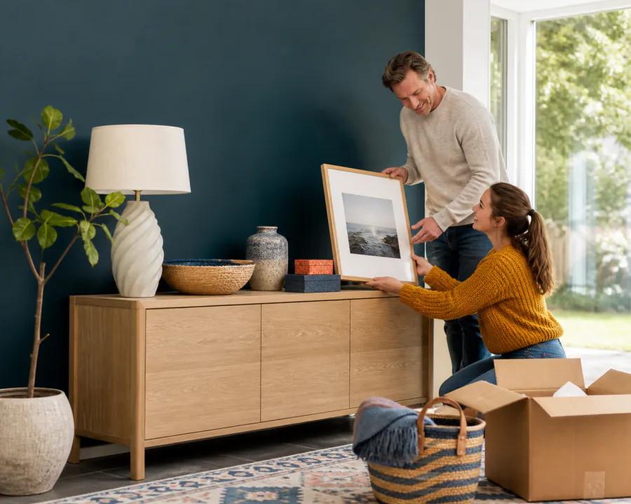 A father and daughter arranging framed art, a lamp and ceramics on a modern console