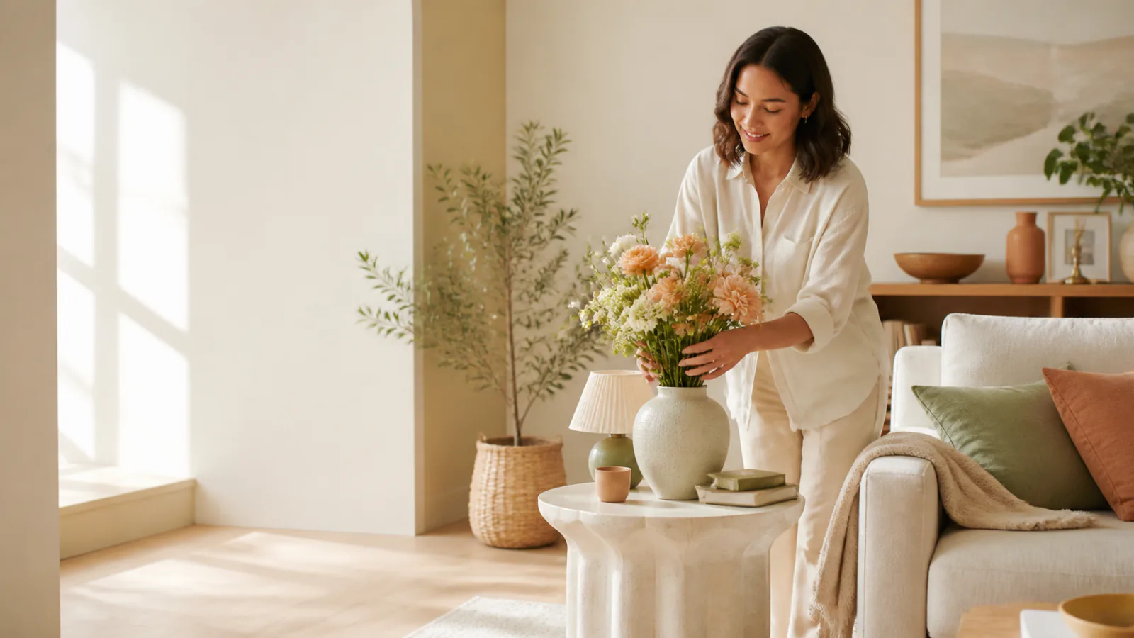 A woman arranging fresh flowers and warm modern decor in a sunlit living room